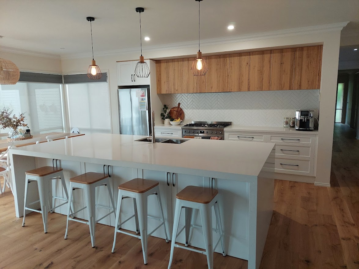 Geelong kitchen stone benchtop with hanging lights