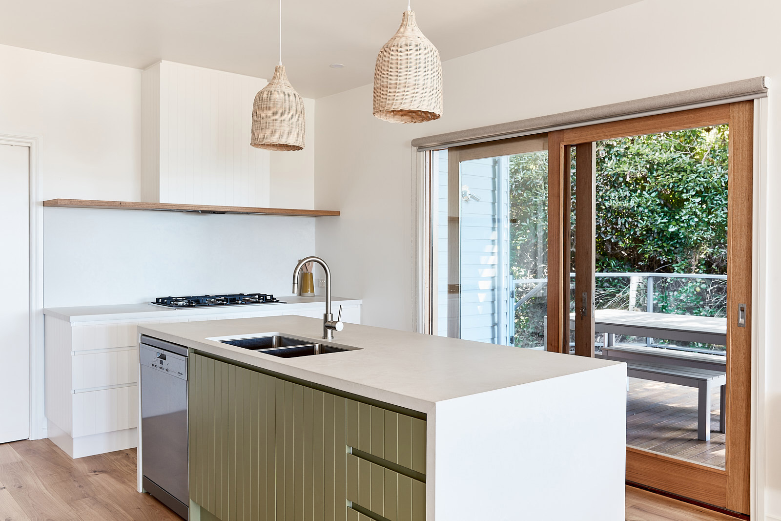 Stone benchtop and wooden timber kitchen