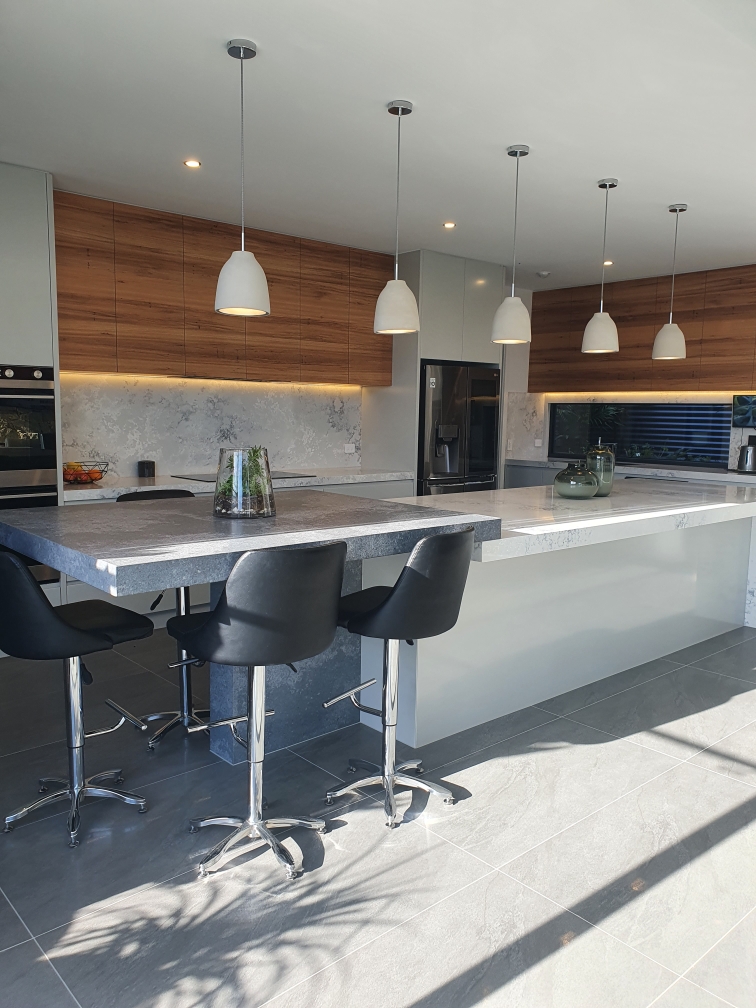 Kitchen Benchtop with overhead lights