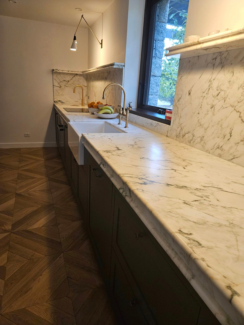 Long white marble benchtop in a Geelong Kitchen